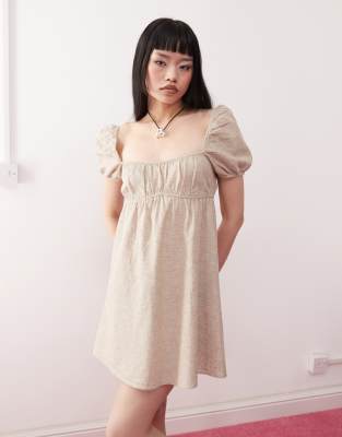 linen puff sleeve mini dress in beige - Exclusive to ASOS-Neutral