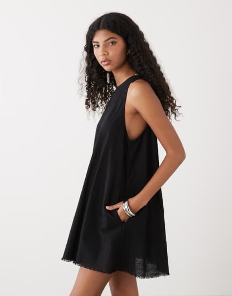 Monki linen sleeveless a-line mini dress with frayed edge in black - view 1