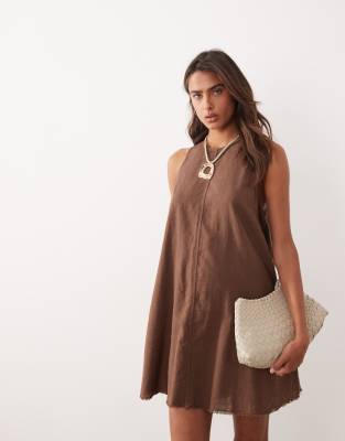 Monki Linen Sleeveless A Line Mini Dress With Frayed Edge In Brown