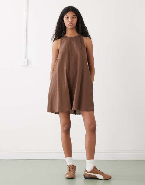 Monki linen sleeveless a line mini dress with frayed edge in dark brown - view 1