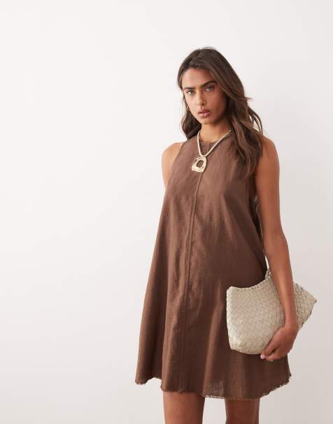 Monki linen blend sleeveless a line mini dress with frayed edge in dark brown - BROWN