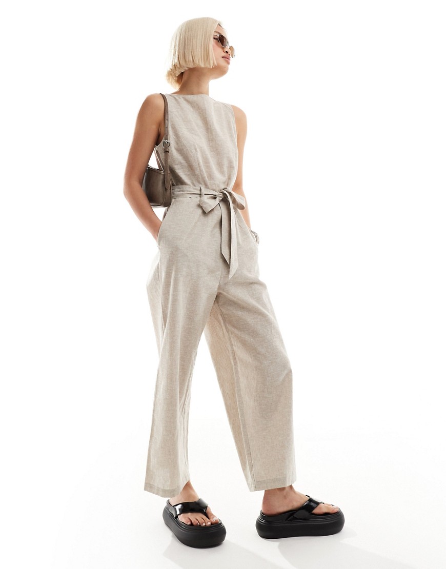 Monki linen sleeveless jumpsuit with tie belt detail in beige-Neutral