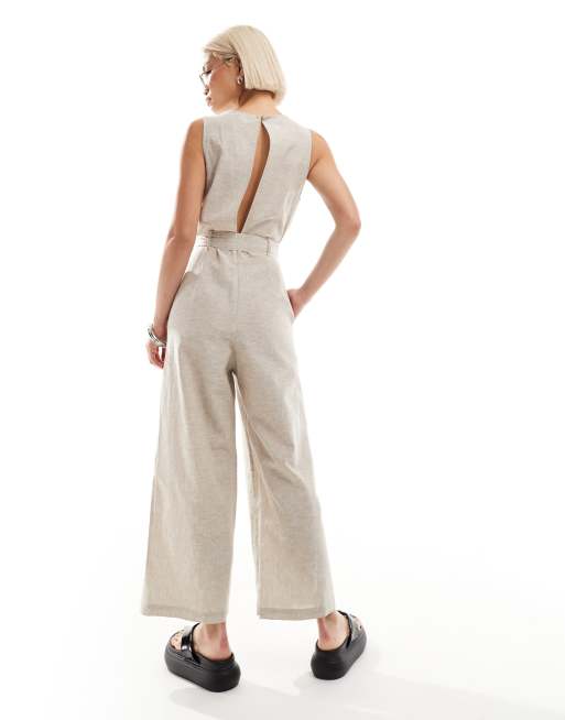 Monki linen sleeveless jumpsuit with tie belt detail in beige ASOS