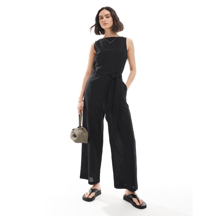 Monki linen sleeveless jumpsuit with tie belt detail in black | ASOS