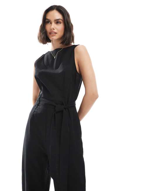 Monki linen sleeveless jumpsuit with tie belt detail in black