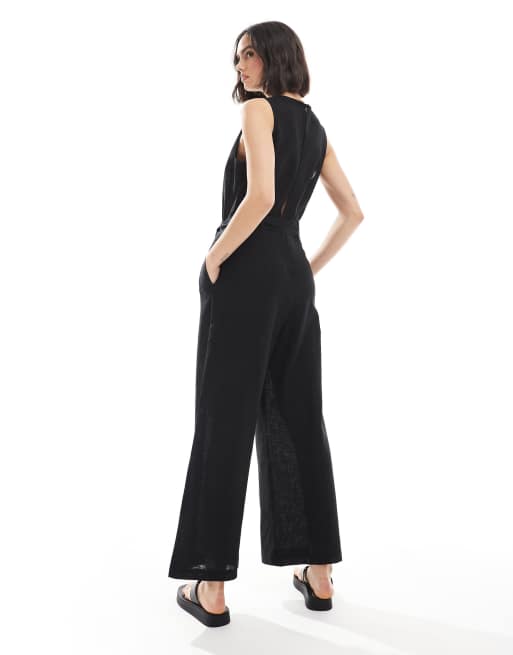 Monki linen sleeveless jumpsuit with tie belt detail in black