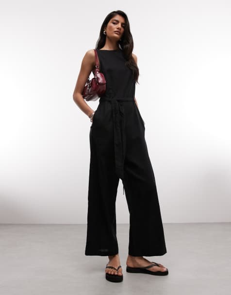 Monki linen sleeveless wide leg jumpsuit with tie belt detail in black - view 1
