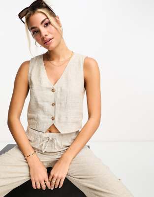 Monki Linen Suit Vest In Beige - Part Of A 3-piece Set-neutral