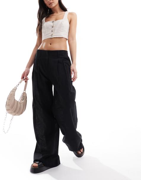 Monki linen tailored wide leg trousers in black - view 1
