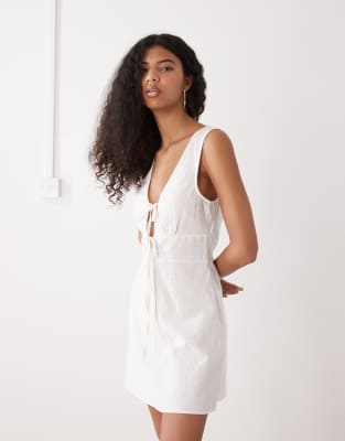 Monki Linen Tie Front Mini Dress In White