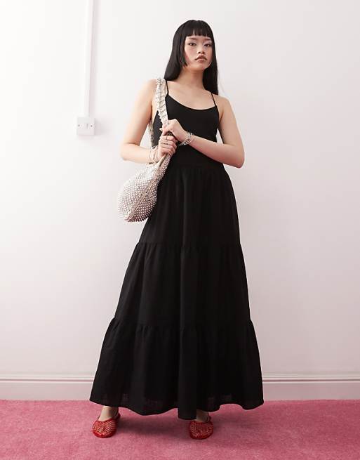 black linen dresses for women The A-Line Midi Dress this black dress never goes out of style Monki - Linen Tiered Midaxi
