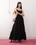 [Monki] Monki linen tiered midaxi dress in black exclusive to ASOS XL Black