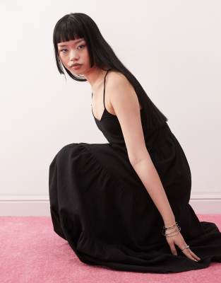 Monki Linen Tiered Midaxi Dress In Black