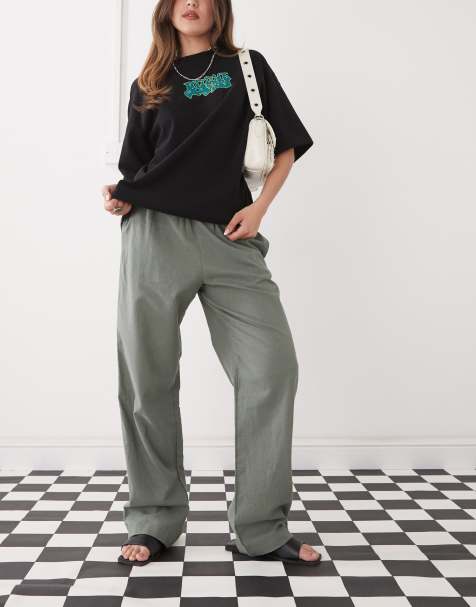 Monki linen trousers in khaki - view 1
