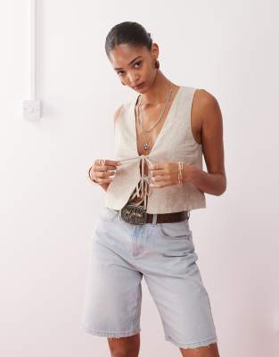Monki Monki linen waistcoat in white exclusive to ASOS-Neutral