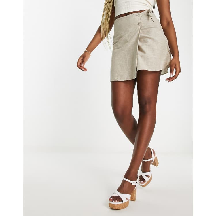 Monki linen wrap tie detail mini skirt in beige | ASOS