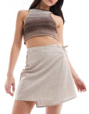 Monki Linen Wrap Tie Detail Mini Skirt In Beige-neutral