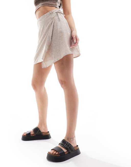 ミニスカート [MATINKIM]pleats wrap denim mini skirt in beige Monki linen wrap tie detail mini skirt in beige | ASOS