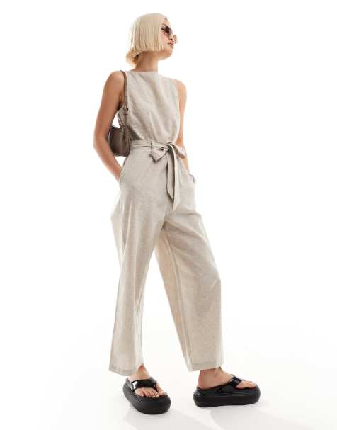 Monki - Linnen mouwloze jumpsuit met strikceintuur in beige - view 1