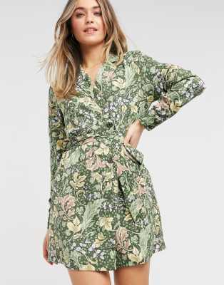 Monki Lisen Recycled Leaf Print Mini Shirt Dress In Green | ModeSens