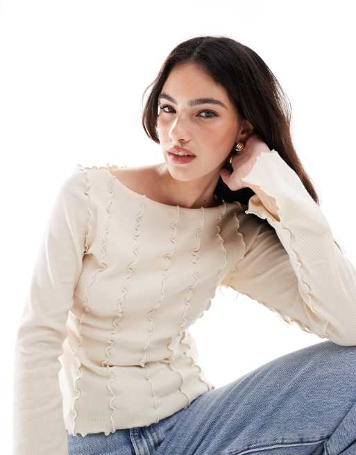 Monki – Ljusbeige, ribbad topp i jersey med dekorativ söm, 2 av 4