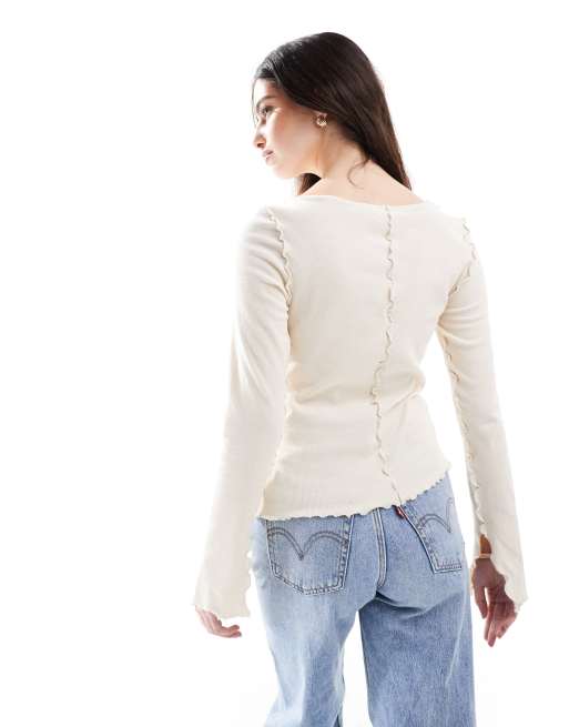 Monki – Ljusbeige, ribbad topp i jersey med dekorativ söm, 3 av 4