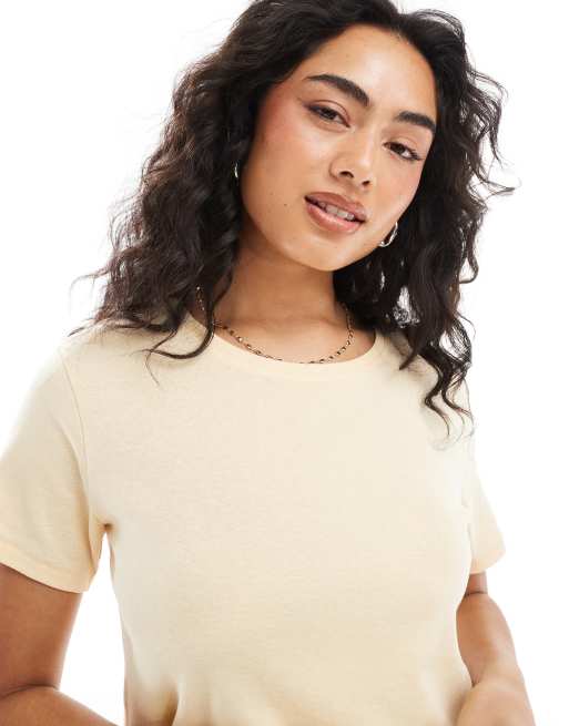 Monki – Ljusgul t-shirt i krympt design, 2 av 4