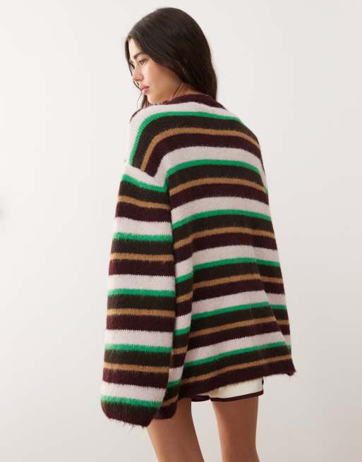Monki – Ljuslila, fluffig, stickad kofta i oversize med ränder, 3 av 4
