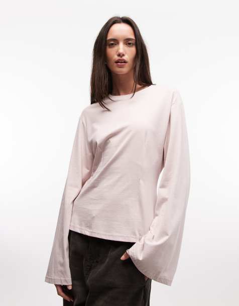 Monki – Ljusrosa, strukturerad jersey-topp med långa ärmar och markerad midja - view 1