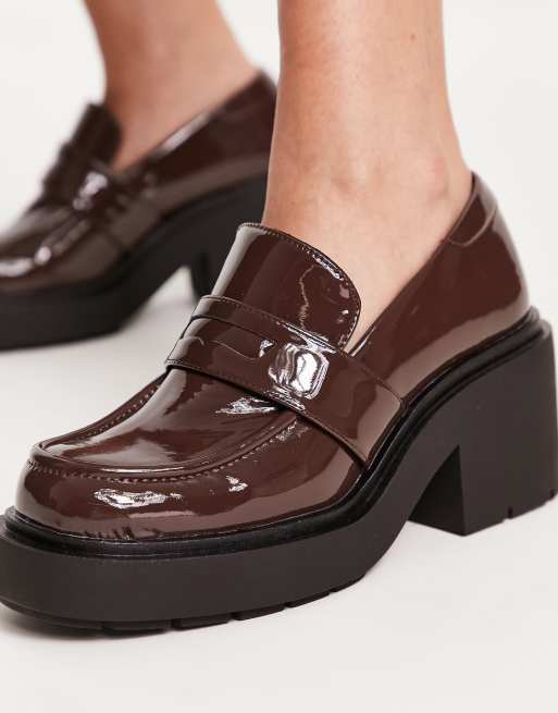 Monki loafer with mid chunky heel in brown | ASOS