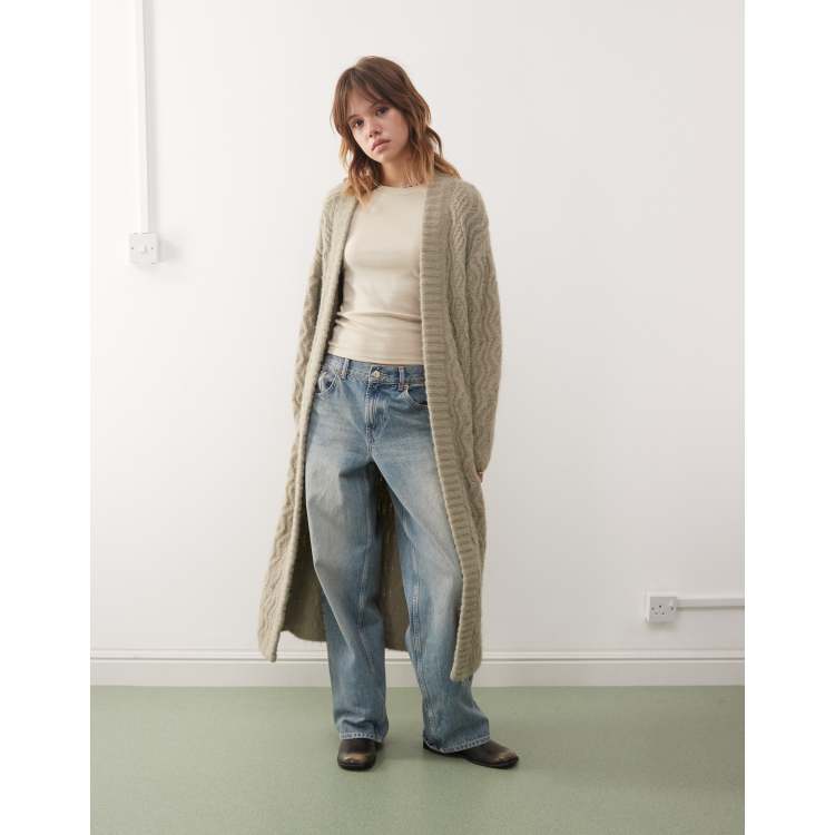 Monki long oversized knit cardigan in khaki | ASOS