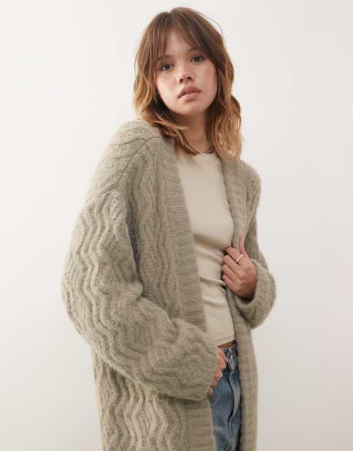 Monki long oversized knit cardigan in khaki | ASOS