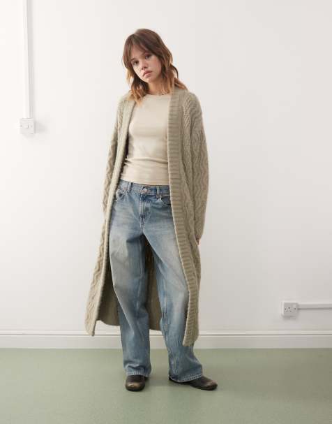 Monki long oversized knitted cardigan in khaki - view 1