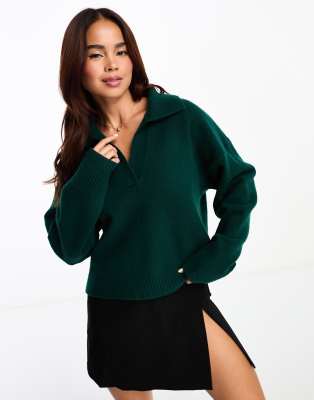 Monki long - Pull en maille à manches longues et col - Vert foncé