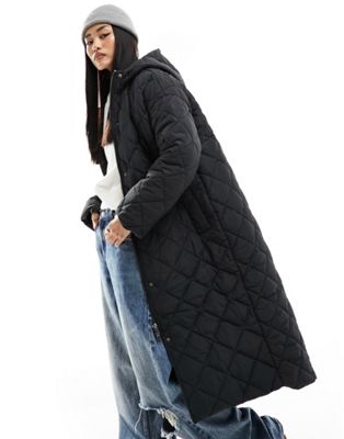 Monki long quilted coat in black