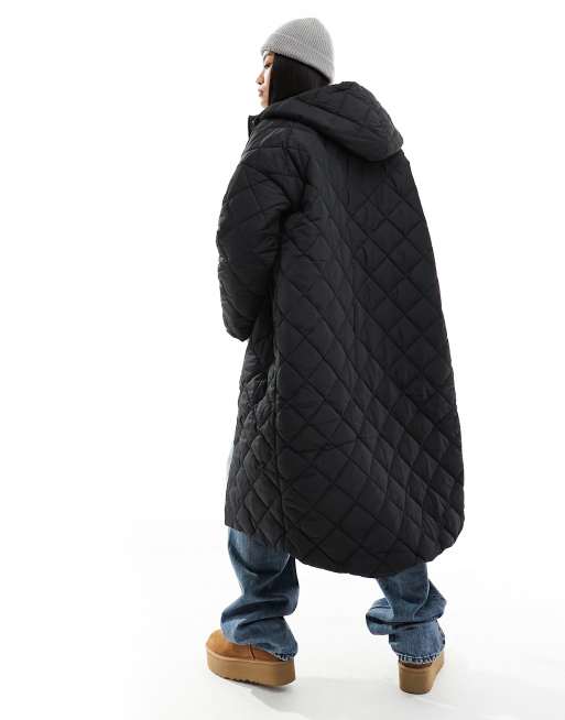 Monki long quilted coat in black