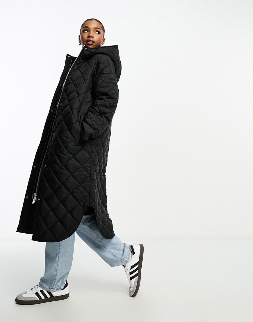 Monki long quilted coat with hood in black