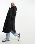 [Monki] Monki long quilted coat with hood in black 2XS Black