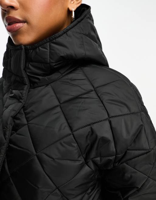 Monki long quilted coat with hood in black