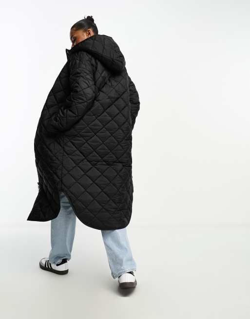 Monki long quilted coat with hood in black