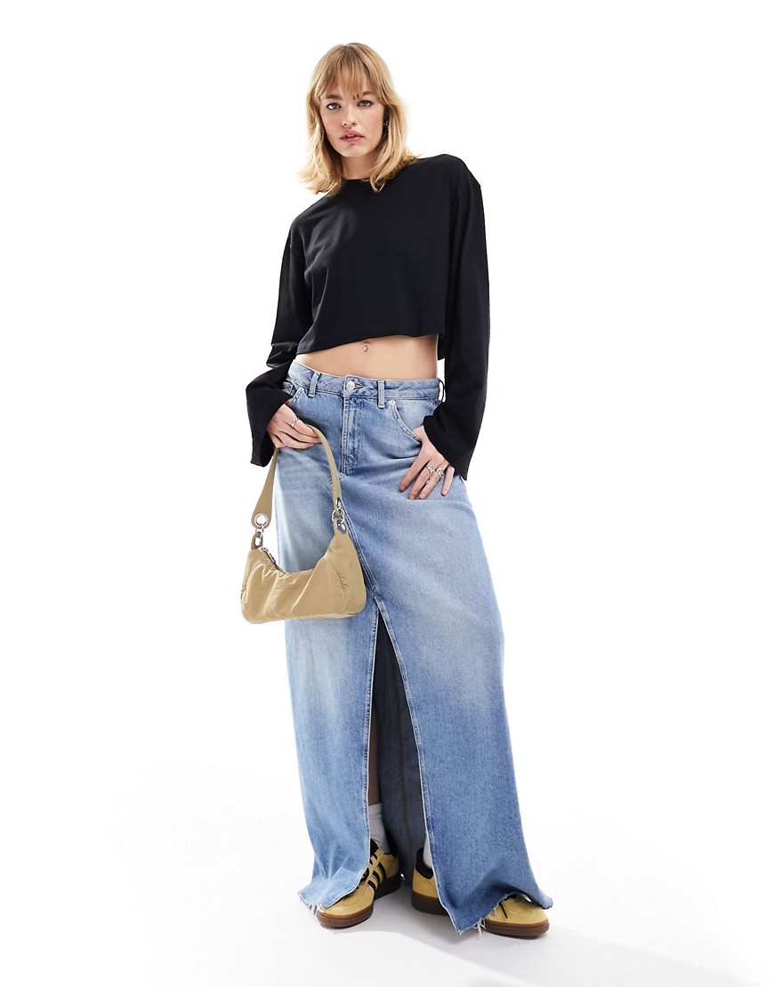 Monki Long Relaxed Crop Top In Black