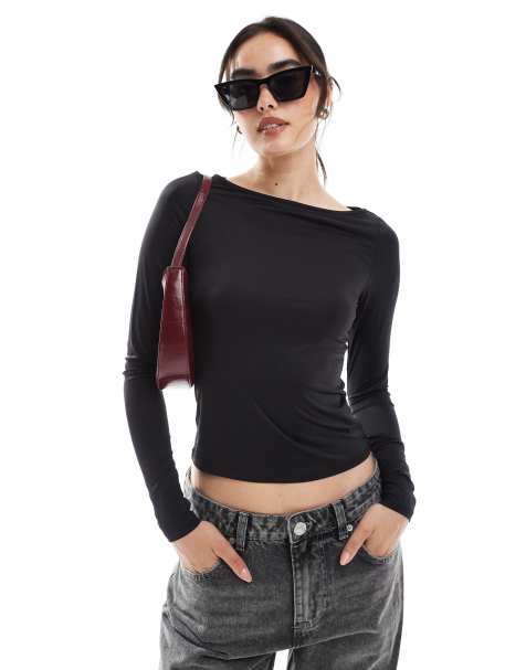 Monki long sleeve boat neck top in black