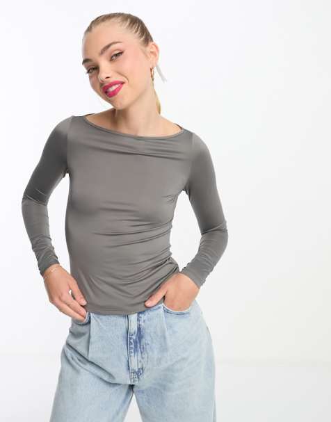 Monki long sleeve boat neck top in gray - view 1