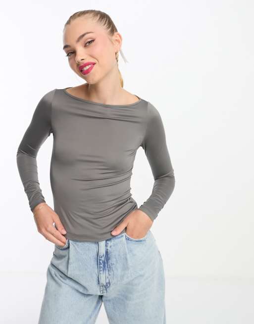 Monki long sleeve boat neck top in gray