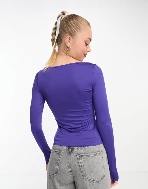 Monki long sleeve boat neck top in lilac purple, 3 of 4