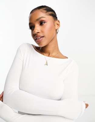 Monki Long Sleeve Boat Neck Top In White