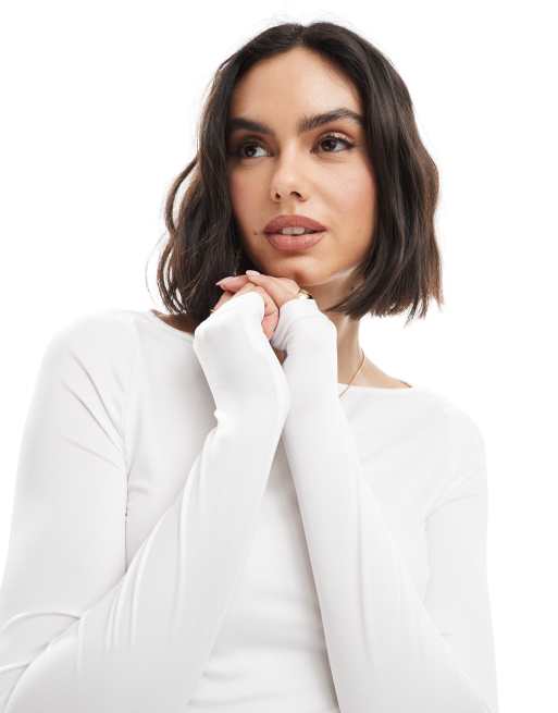 Monki ribbed boat neck long sleeve top with slits in off white