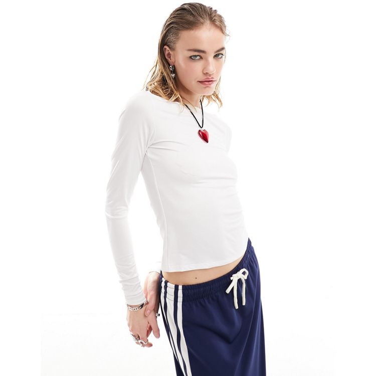 Monki ribbed boat neck long sleeve top with slits in off white