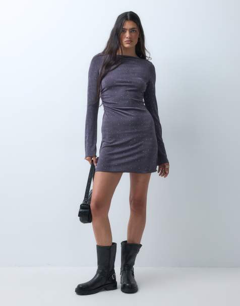 Monki long sleeve boatneck mini dress with studs in grey - view 1