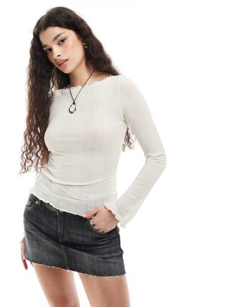 Monki long sleeve boatneck ribbed structure jersey top with lettuce hemlines and cuff slits in off white - view 1
